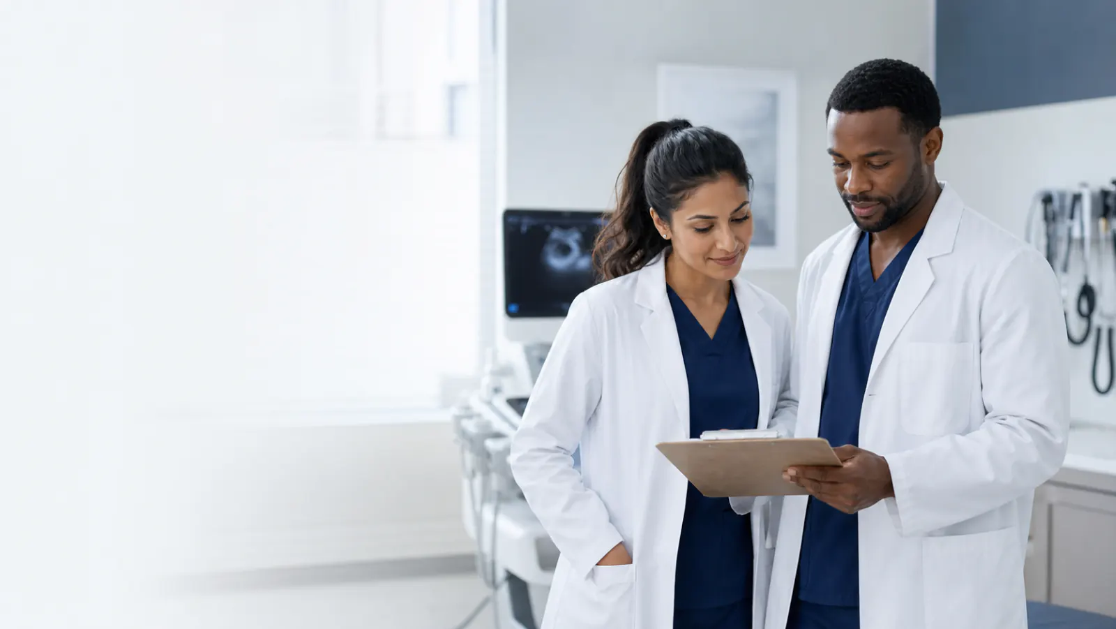 Two cardiac care professionals reviewing information on a tablet in a clinic