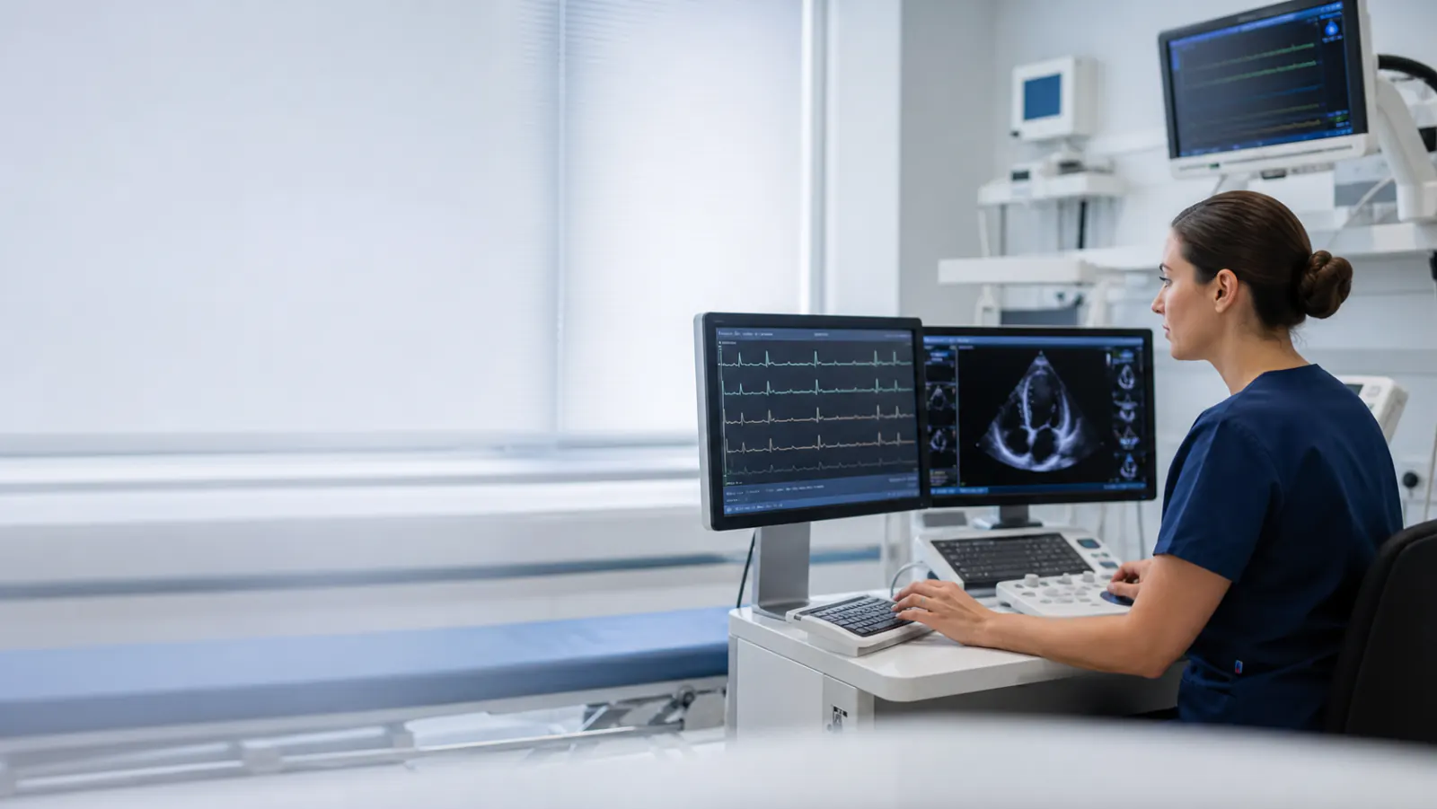 Cardiac technologist reviewing heart images on diagnostic monitors
