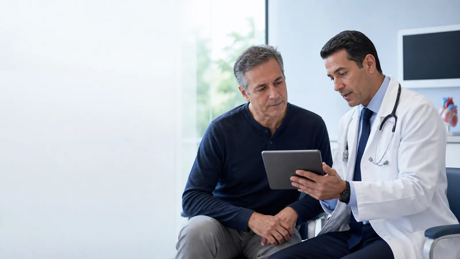 Cardiologist reviewing information on a tablet with a patient