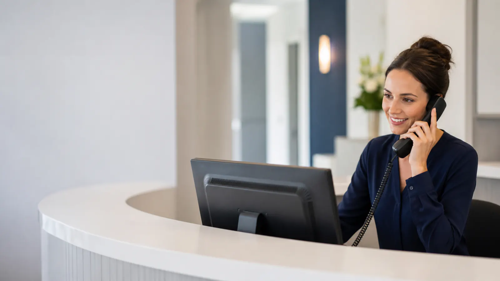 Clinic receptionist speaking on the phone at the front desk