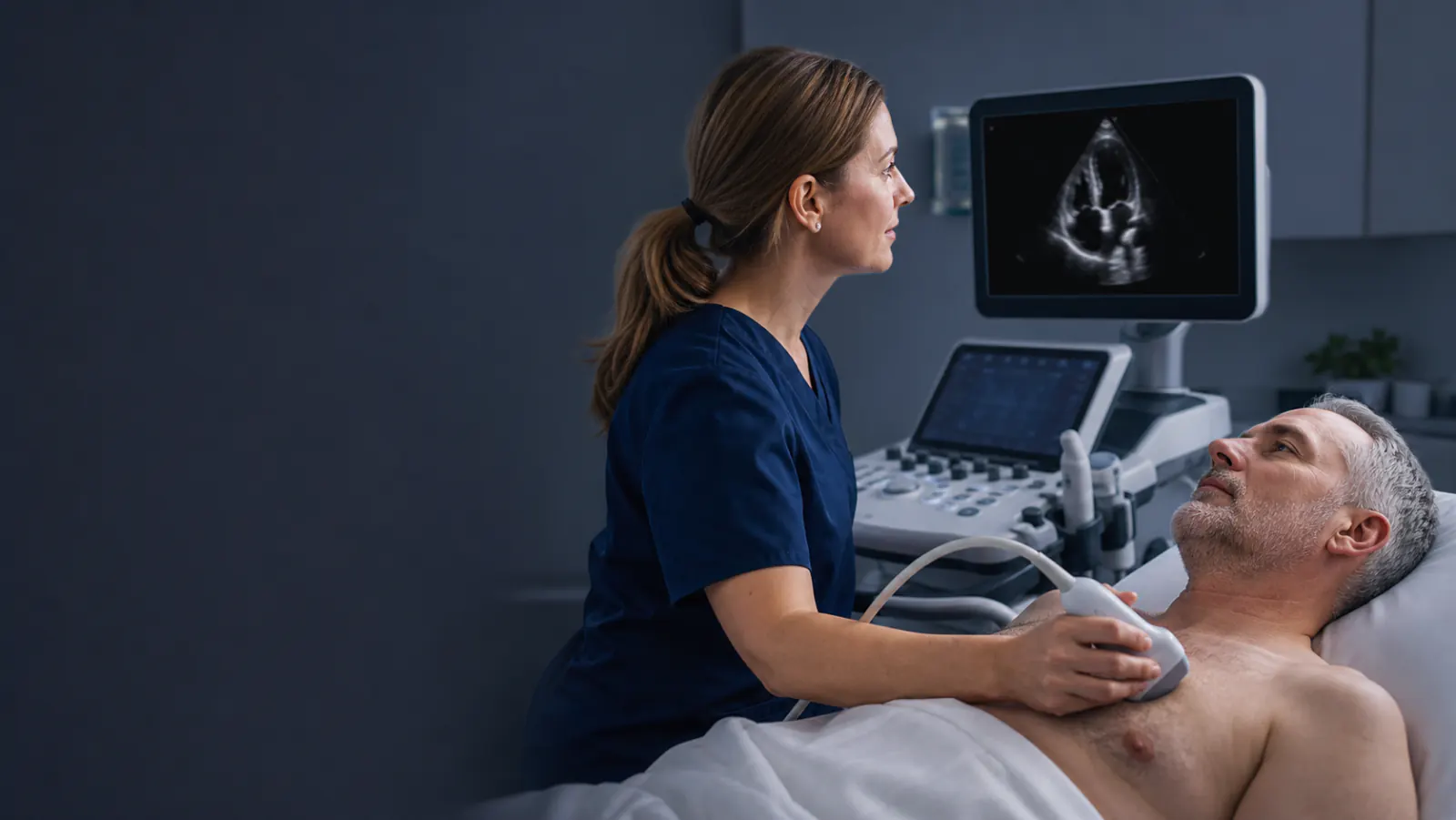 Cardiac technologist performing an echocardiogram on a patient