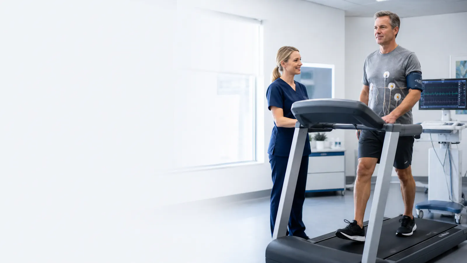 Patient walking on a treadmill during a supervised exercise stress test