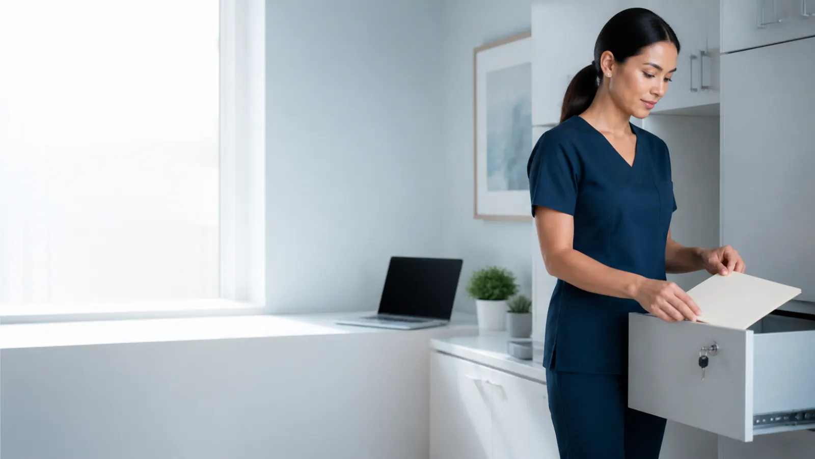 Clinic staff member organizing patient paperwork in a secure filing cabinet