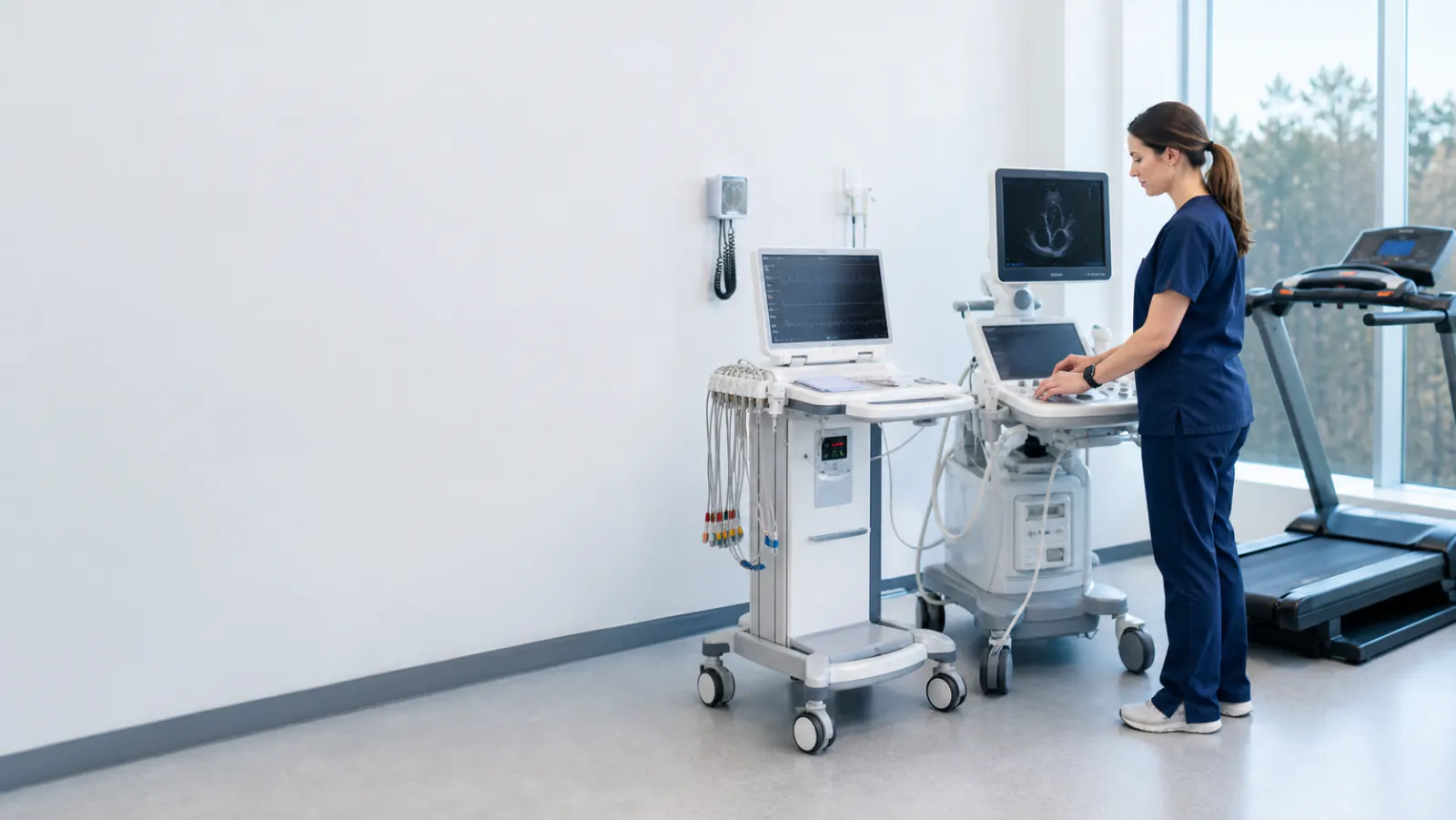 Cardiac technologist standing beside diagnostic equipment and a treadmill